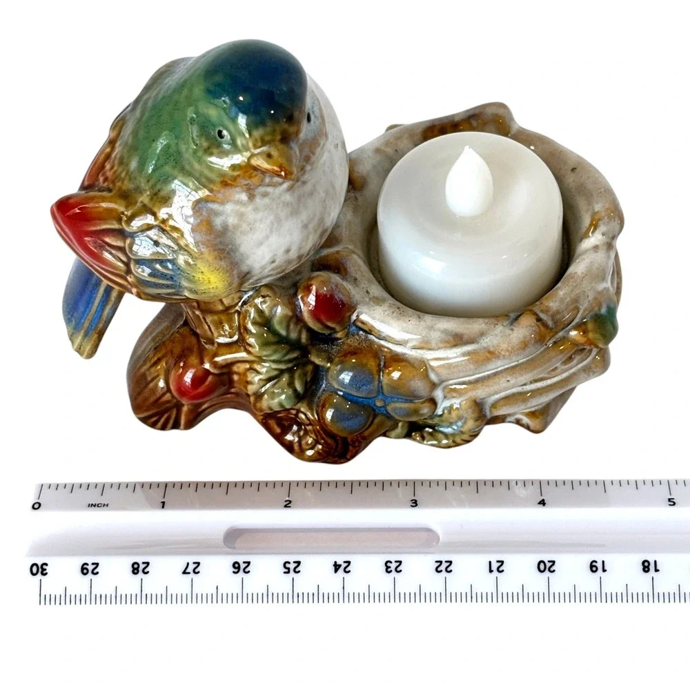 Majolica Style Ceramic Songbird Nest Votive Tealight Candle Holder Vintage